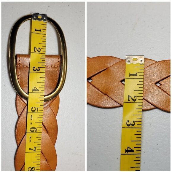 Miss Me Braided Woven Orangey Tan Leather Belt with Large Gold Toned Oval Buckle main image 13